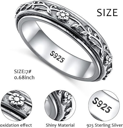Anxiety Relieve Rings 925 Sterling Silver Spinner Fidget Ring Worry Stress Relieving Boredom ADHD Autism Ring Platinum Plated Jewelry Birthday Gifts for Women Men