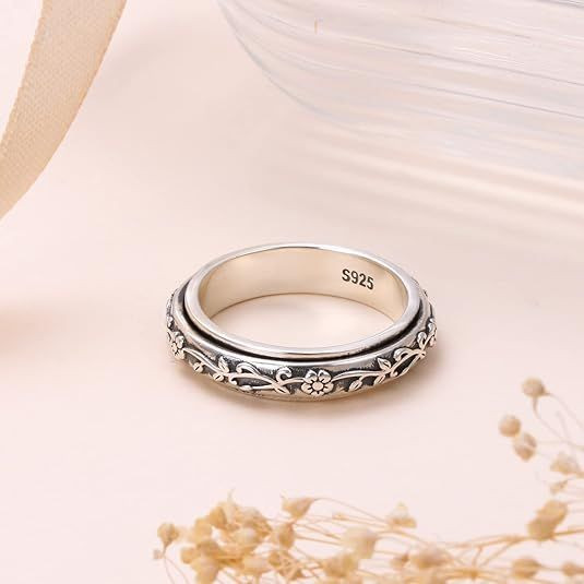 Anxiety Relieve Rings 925 Sterling Silver Spinner Fidget Ring Worry Stress Relieving Boredom ADHD Autism Ring Platinum Plated Jewelry Birthday Gifts for Women Men