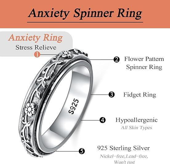 Anxiety Relieve Rings 925 Sterling Silver Spinner Fidget Ring Worry Stress Relieving Boredom ADHD Autism Ring Platinum Plated Jewelry Birthday Gifts for Women Men