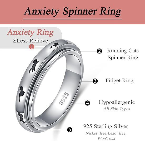 Anxiety Relieve Rings 925 Sterling Silver Spinner Fidget Ring Worry Stress Relieving Boredom ADHD Autism Ring Platinum Plated Jewelry Birthday Gifts for Women Men