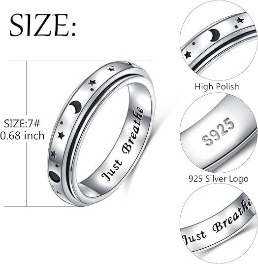 Anxiety Relieve Rings 925 Sterling Silver Spinner Fidget Ring Worry Stress Relieving Boredom ADHD Autism Ring Platinum Plated Jewelry Birthday Gifts for Women Men