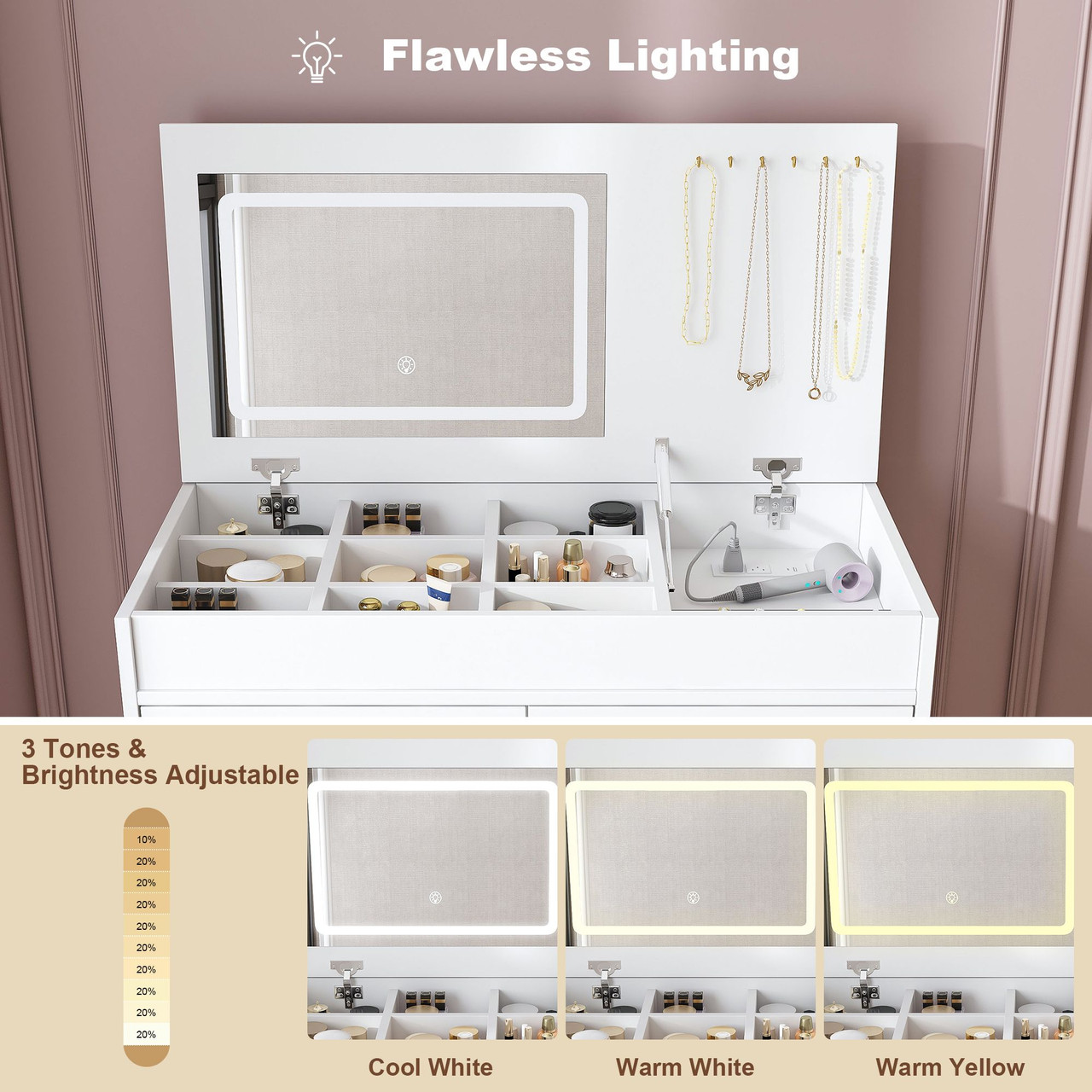 Flip Top Vanity Desk with LED Lighted Mirror & Built-in Outlet - Makeup Vanity Table with 2 Drawers, Open Storage, Hooks for Jewelry (No Stool Included)