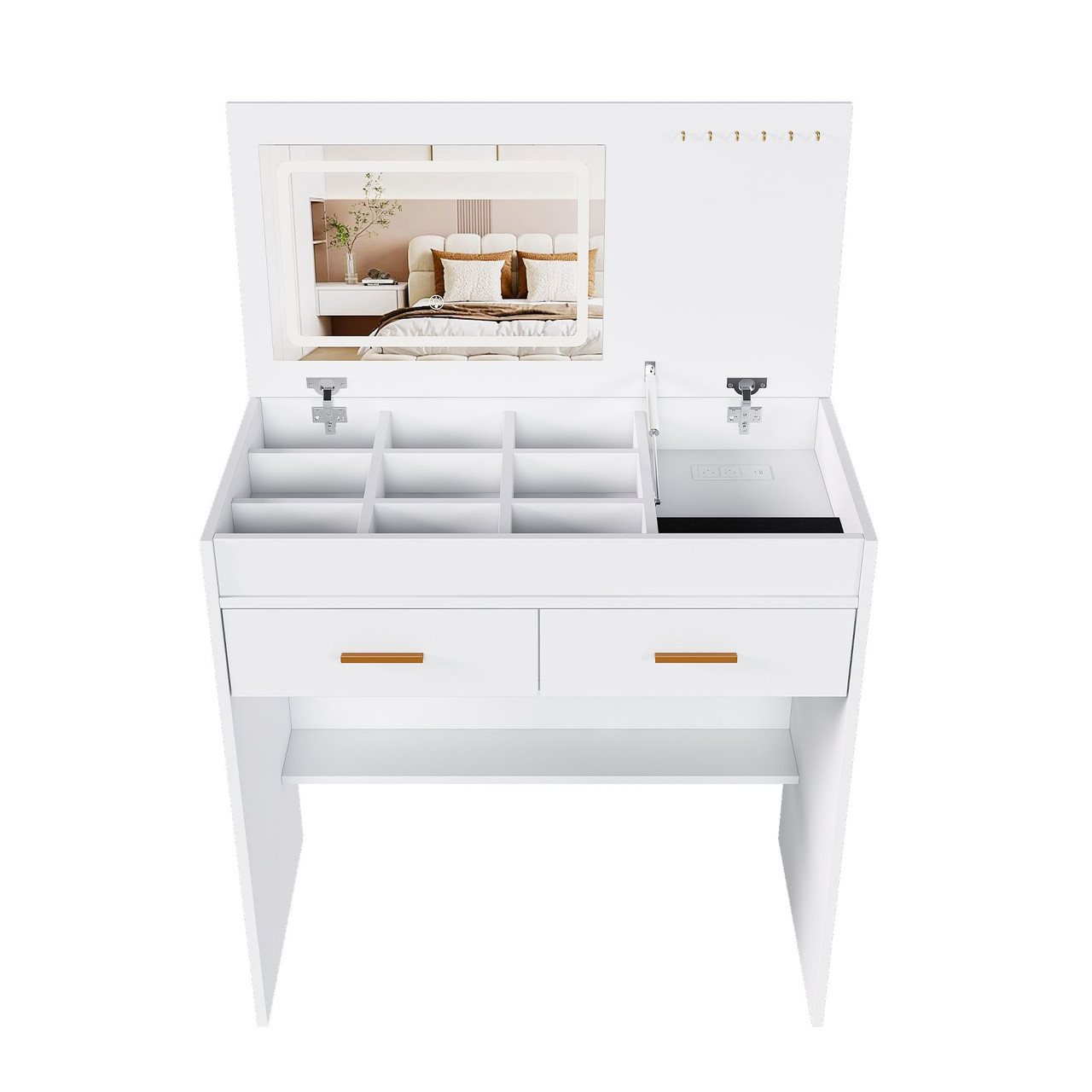 Flip Top Vanity Desk with LED Lighted Mirror & Built-in Outlet - Makeup Vanity Table with 2 Drawers, Open Storage, Hooks for Jewelry (No Stool Included)