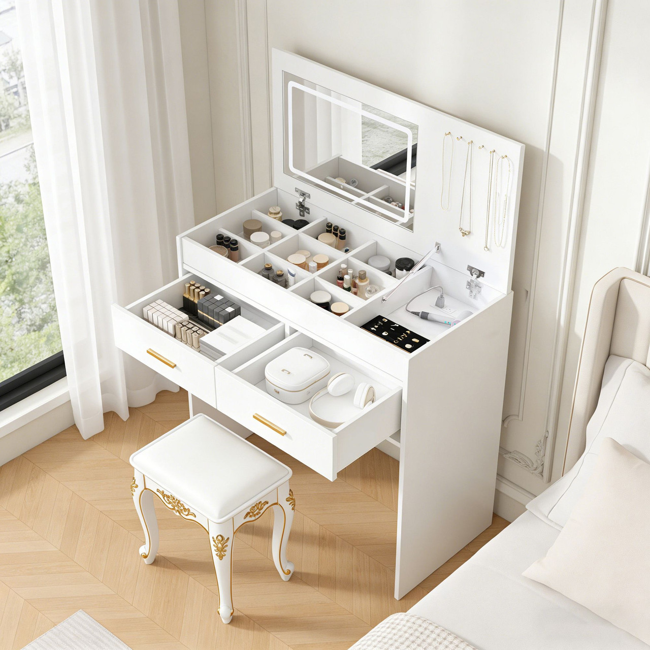 Flip Top Vanity Desk with LED Lighted Mirror & Built-in Outlet - Makeup Vanity Table with 2 Drawers, Open Storage, Hooks for Jewelry (No Stool Included)