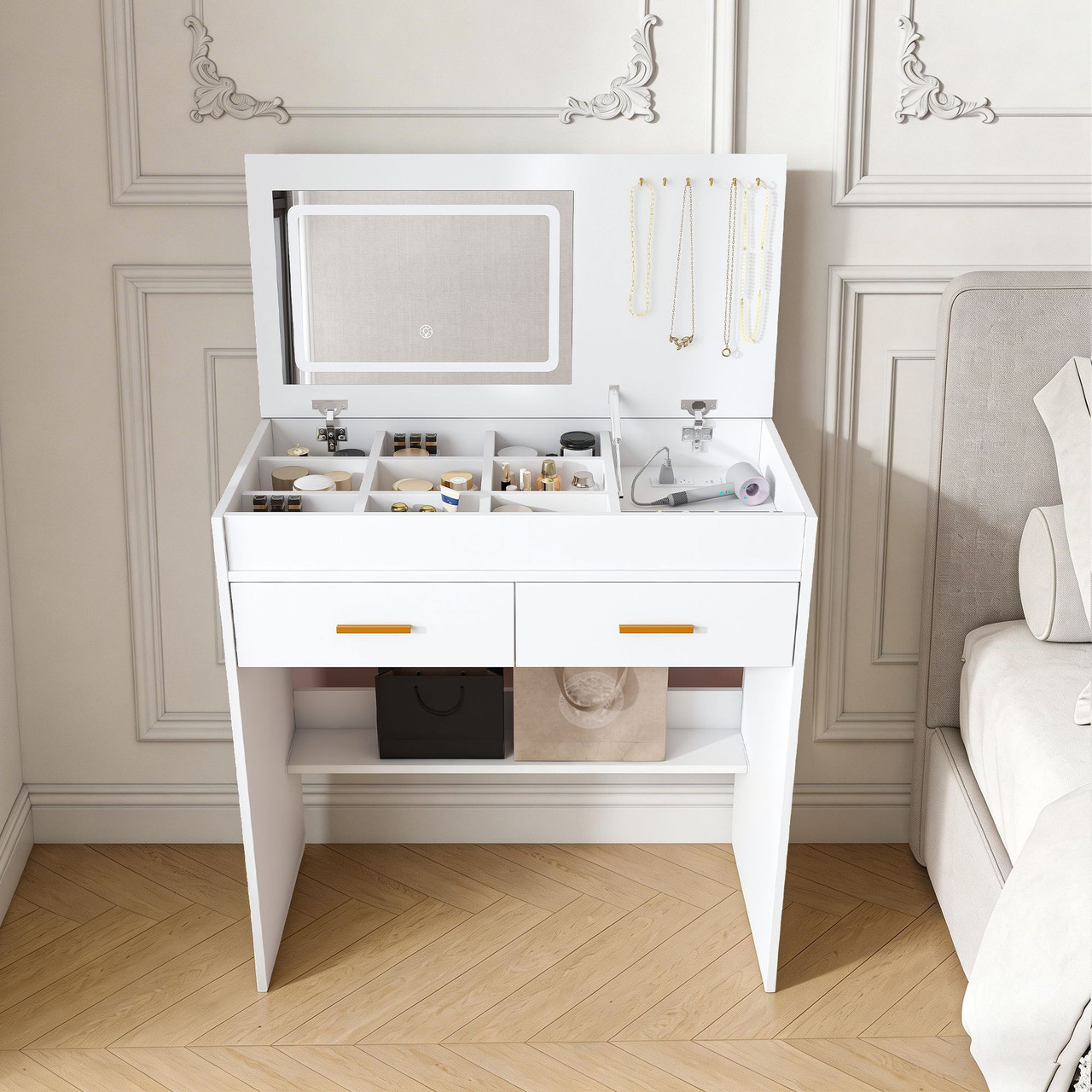 Flip Top Vanity Desk with LED Lighted Mirror & Built-in Outlet - Makeup Vanity Table with 2 Drawers, Open Storage, Hooks for Jewelry (No Stool Included)