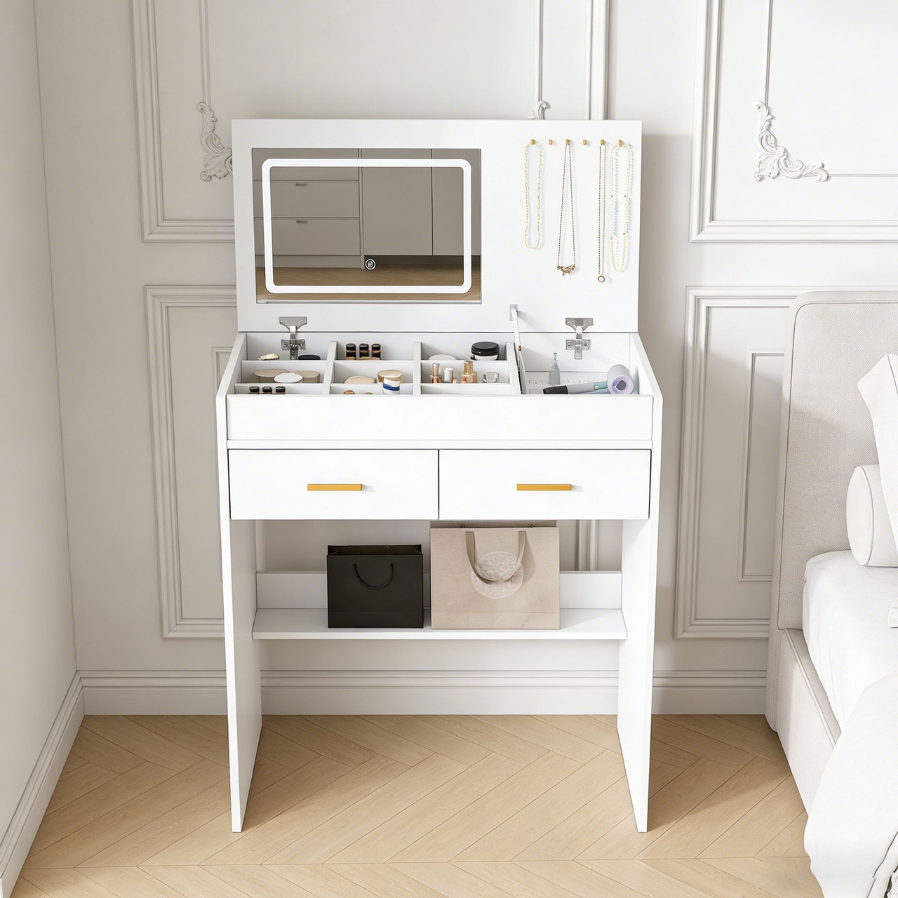 Flip Top Vanity Desk with LED Lighted Mirror & Built-in Outlet - Makeup Vanity Table with 2 Drawers, Open Storage, Hooks for Jewelry (No Stool Included)