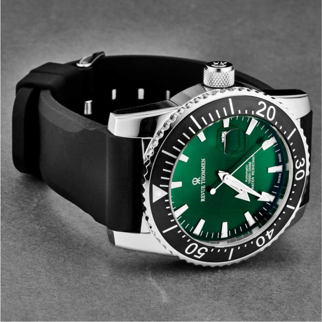 Revue Thommen 17030.2524 Men's 'Diver' Green Dial Rubber Strap Swiss Automatic Watch
