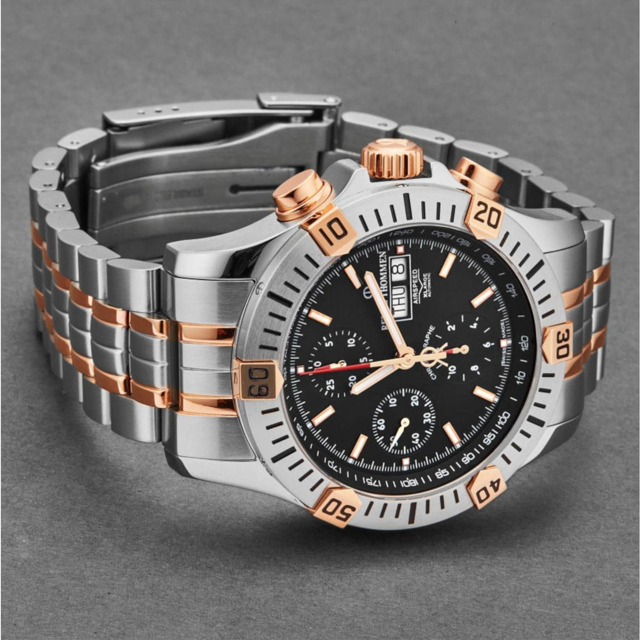Revue Thommen 16071.6159 Men's 'Air speed' Black Dial Chronograph Day-Date Two-Tone Swiss Automatic Watch
