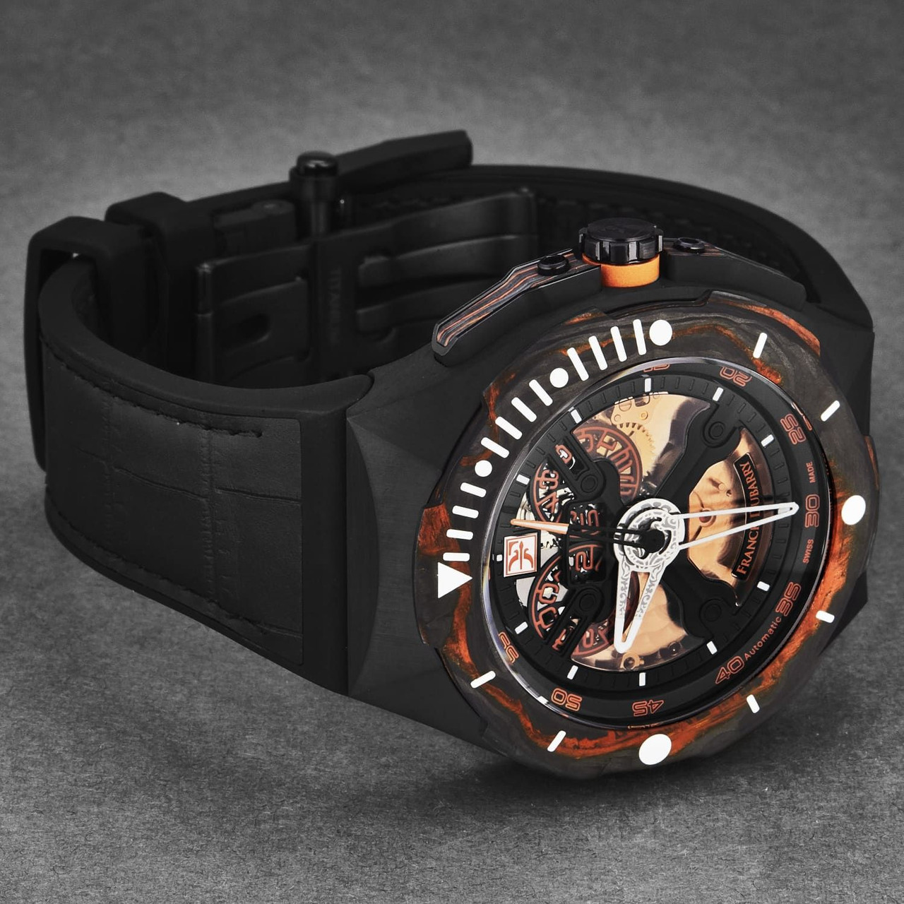 Franck Dubarry Men's 'Diver' Big Date Orange Dial Black Rubber Strap Automatic Watch DIV-03