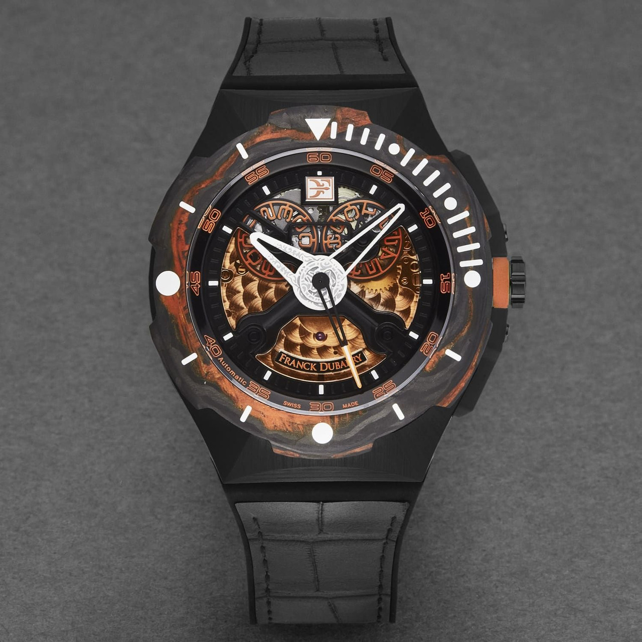 Franck Dubarry Men's 'Diver' Big Date Orange Dial Black Rubber Strap Automatic Watch DIV-03