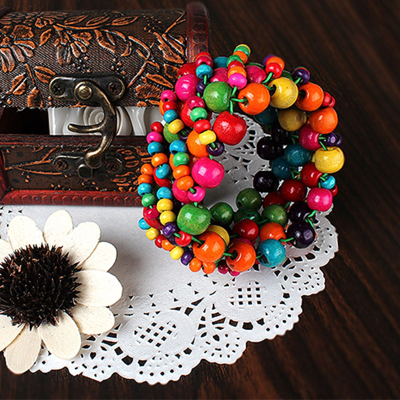 Multi-Color Wooden Beaded Stretchy Bracelet Colorful Exotic Style Elastic Bracelets For Women Girls Children