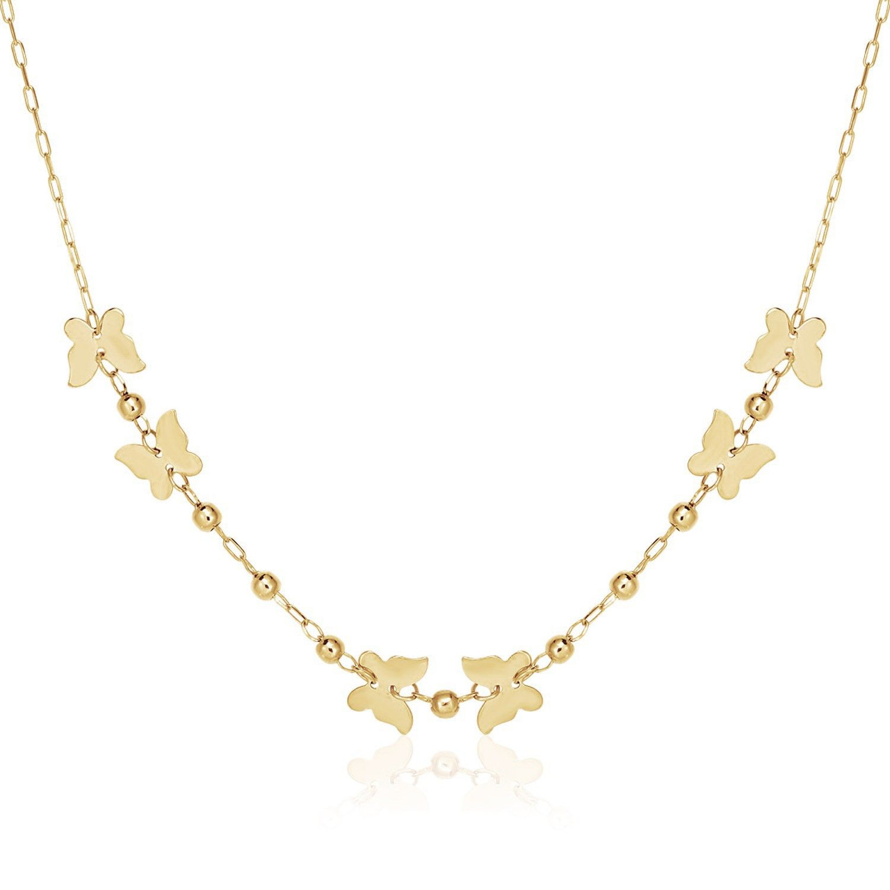 14k Yellow Gold 18 inch Necklace with Polished Butterflies and Beads