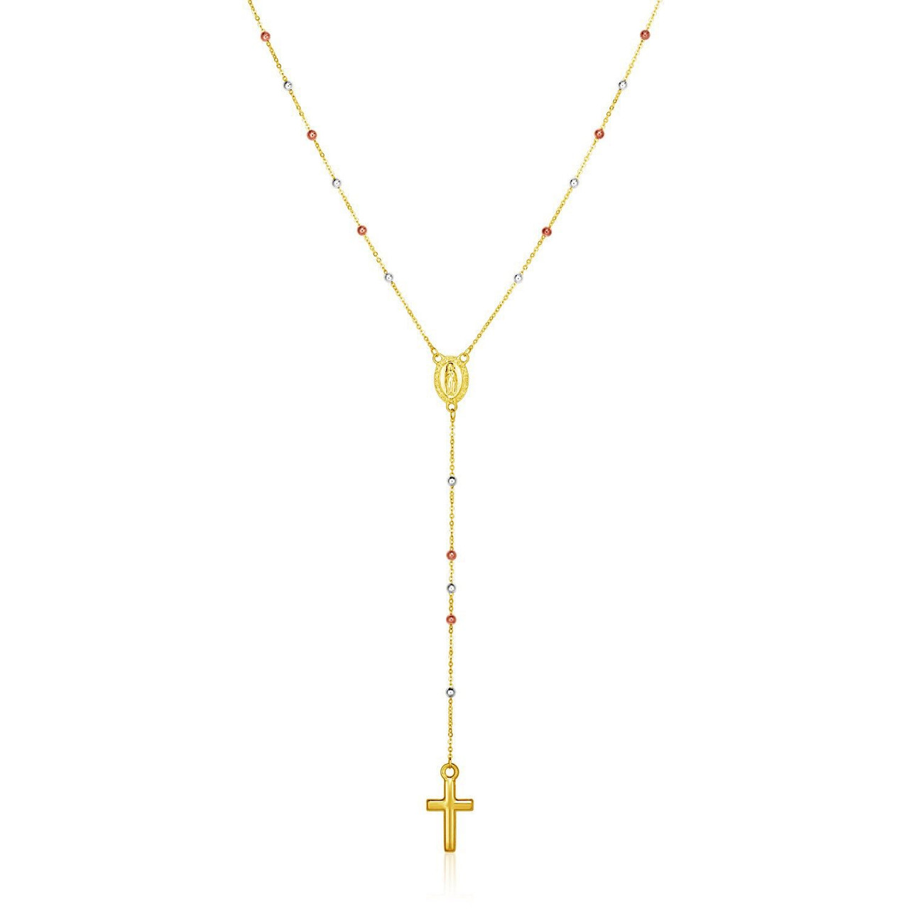 14k Tri Color Gold Lariat Rosary Necklace
