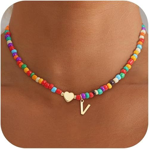 Christmas Gifts for Grandkids Teens Girls - Colorful Beaded Initial Necklace Teen Girl Gifts Trendy Stuff Dainty Letter Choker Necklace Stocking Stuffers for Teen Girls Women Jewelry