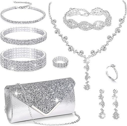 10Pcs Silvery Rhinestone Jewelry Set for Women Bride Wedding Prom Jewelry Evening Rhinestone Sparkly Clutch Purse Bag Necklace Tennise Layered Bracelets CZ Ring Crystal Drop Earring Set Silvery Shiny