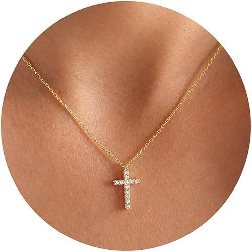 Cross Necklace for Women, 14K Gold Plated Cross Pendant Dainty Layered Chain Necklace Jewelry Gifts