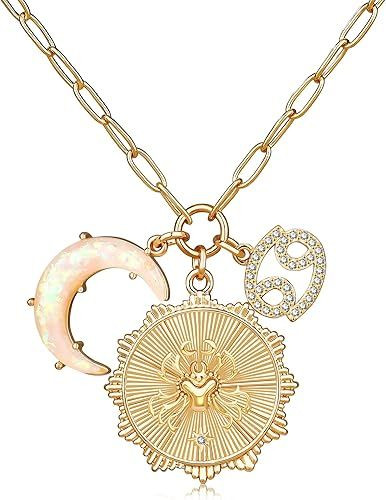 Gold Zodiac Sign Coin Necklace with Opal Crescent Moon Charm for Women Trendy, Dainty Gold Paperclip Chain 12 Constellation Horoscope Necklaces Astrology Jewelry Gifts