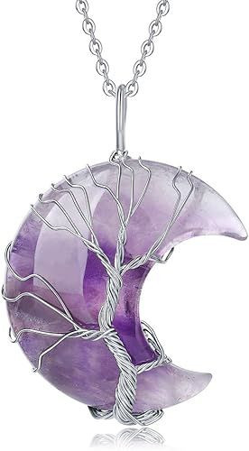 Necklaces for Women Crescent Moon Pendant Necklace Tree of Life Wire Wrapped Crystal Necklaces Natural Gemstone Quartz Jewelry for Women