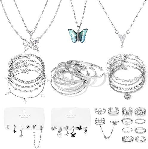 53 PCS(8 PACK) Silver Plated Jewelry Set with 6 Necklace 11 Ankle Bracelet 30 Kunckle Ring 6 Pair Earring hoop Vintage Boho Pearl for Women Birthday Travel Holiday