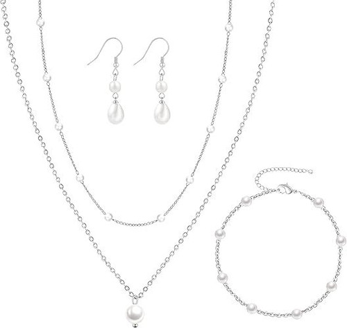 Gold Jewelry Set for Women, Dainty Layered 14K Gold/Silver Pearl Choker Necklaces and Earring Set Pearl Earrings Bracelets Wedding Bride Jewelry