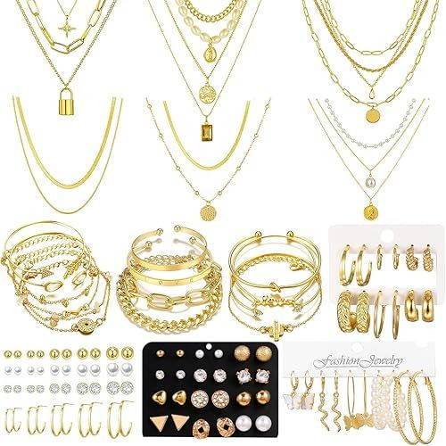 73 Pcs Gold Plated Jewelry Set For Women With Gold Necklace,Bracelet And Anklet,Stud Hoop Earrings Set Costume Jewelry Friendship Gifts