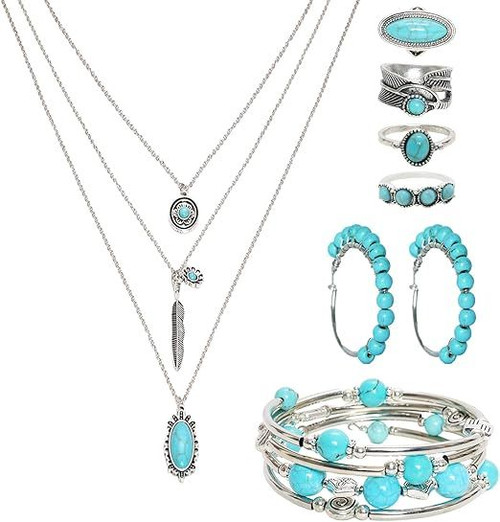 7PCS Bohemian Turquoise Jewelry Set Turquoise Necklace Earrings Rings Western Layered Bracelets Western Jewelry for Women (Elegance)