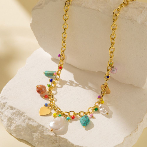 Elegant Natural Stone Rice Bead Shell Pendant Necklace for Women, Colorful Alloy Geometric Jewelry, Trendy Clavicle Chain, Perfect Festival Accessories & Gift