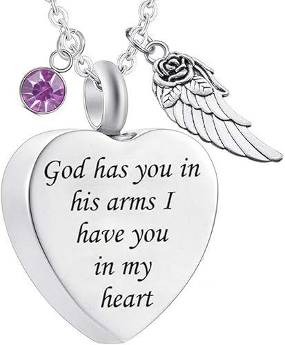 God has You in his arms with Angel Wing Charm Cremation Ashes Jewelry Keepsake Memorial Urn Necklace with Birthstone Crystal