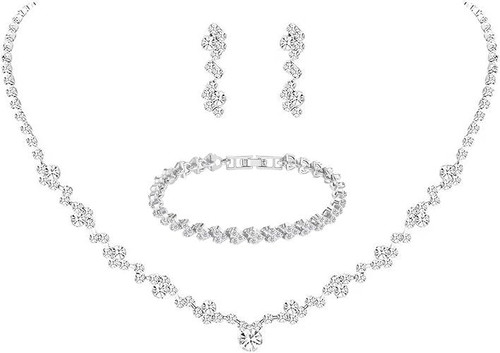 Crystal Wedding Jewelry Set, Silver Necklace Earrings Bracelet Crystal Bridal Wedding Jewelry Sets for Brides Bridesmaid Prom Costume Accessories