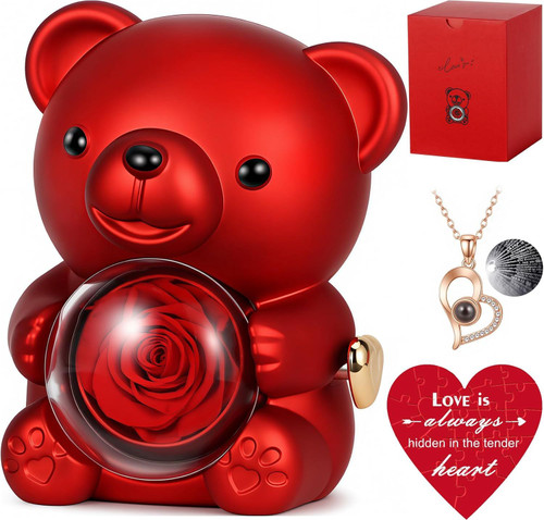 Valentine's Day Cute Teddy Bear with Preserved Rose, Hidden Surprise Necklace Rotating Gift Box Valentines Day Gifts for Her, Romantic Eternal Rose Flowers for Birthday, Wedding, Anniversary,