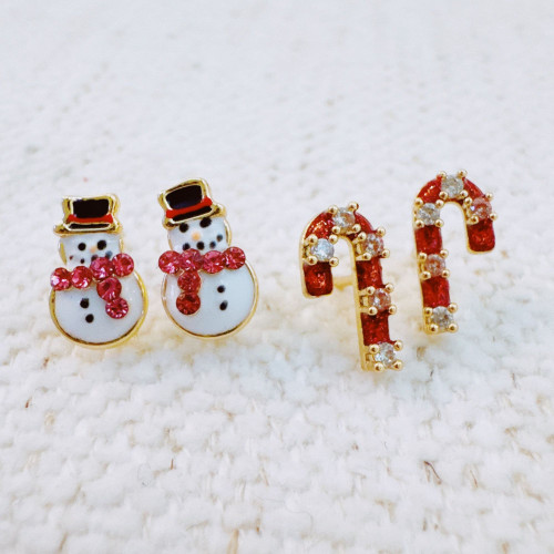 Candy Cane & Snowman Stud Earring Set Of 2 - Holiday Sparkle