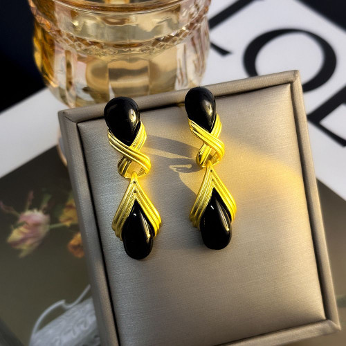 Vintage Black Onyx Teardrop Dangle Earrings for Women, 14K Gold Plated Twisted Knot Drop Earrings, Elegant Retro Black Stone Long Tassel Earrings Formal Party Wedding Jewelry Gift