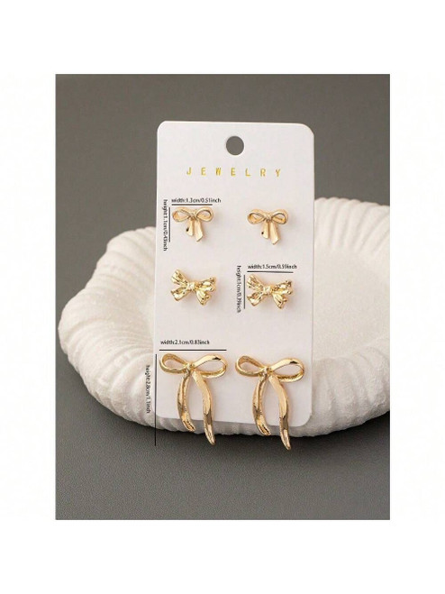 3 Pairs Golden Color Bow Stud Earrings Set Bowknot Earrings Set Women Fashion Jewelry Bow Accessories