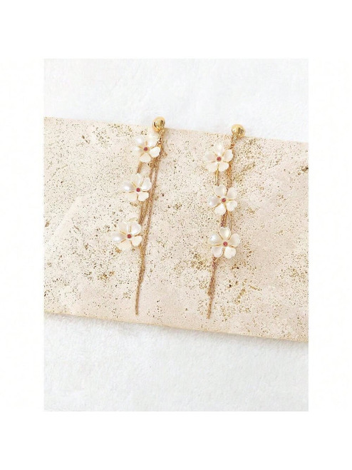 1 Pair Elegant High-End Women's Earrings, Fashion Faux Pearl Seashell 5-Petal Flower Earrings With Pink Rhinestones And Tassel, Unique Design, Suitable For Daily, Seasonal, And Festive Wear, Charming