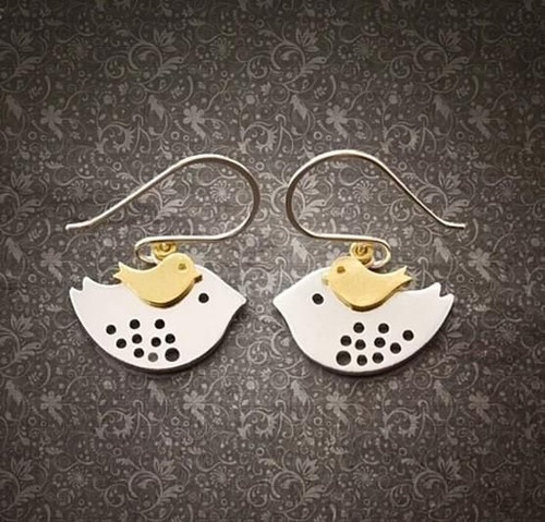 SKY TRAVELERS EARRINGS Little Bird Learning To Fly From Mom Bird in 925 Sterling Silver hooks