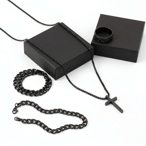 Men's Cross Jewelry Set, Black Necklace Ring & Bracelet Set, Gothic Fashion Accessories Gift Set for Men