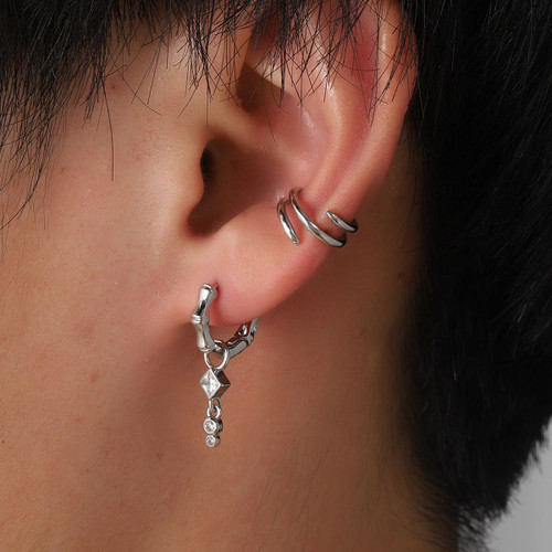 European and American Men's Bamboo Joint Zircon Pendant Ear Clips Set Hip-Hop Punk Style Earrings Accessories