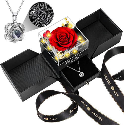 Preserved Red Real Rose with Heart I Love You Necklace -Mothers Day Gifts for Mom Her Wife Girlfriend Grandma on Valentines Mothers Day Christmas Birthday Anniversary Romantic-Red