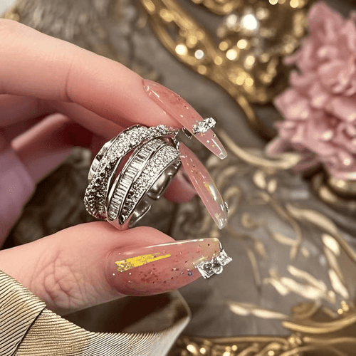 Luxury 3 Layer Paved Cubic Zirconia Open Ring For Women, T Square Cut CZ Diamond Adjustable Cuff Ring, Sparkly Silver Plated Statement Stackable Party Wedding Fashion Jewelry Gift