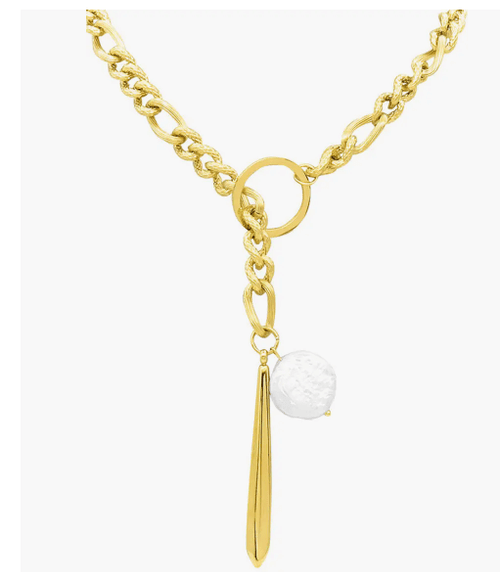 ADORNIA WATER RESISTANT 14K YELLOW GOLD PLATED STAINLESS STEEL IMITATION PEARL FIGARO CHAIN NECKLACE