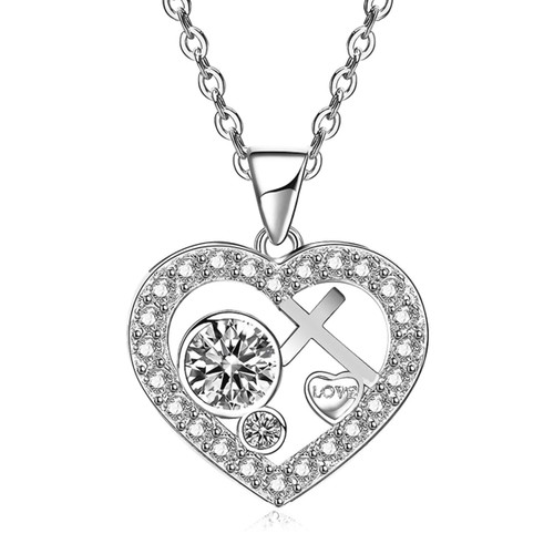 White Gold Plated 5A Cubic Zirconia Cross Heart Pendant Necklace for Women