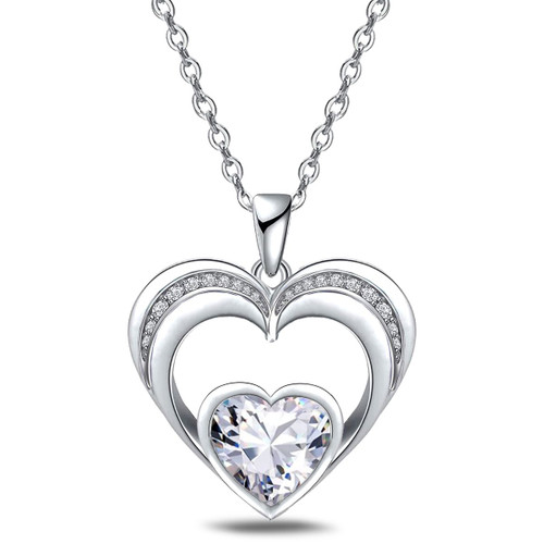 14k White Gold Plated 5A Heart Shape Cubic Zirconia Love Double Heart Pendant Necklace for Women, Jewelry Gift for Wife Girlfriend