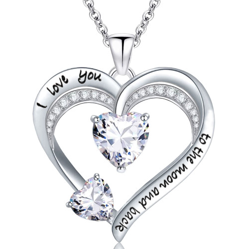 Love Heart Pendant Necklace 18k White Gold Plated 5A Cubic Zirconia Engraved I Love You Heart Jewelry Gift for Women Wife Girl