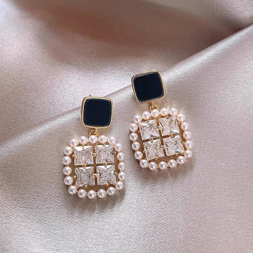 Elegant Black Enamel Square Pearl Drop Earrings for Women, 4Pcs Princess Cut Cubic Zirconia Sparkling Dangle Earrings, Luxury Vintage Formal Wedding Party Jewelry Gift