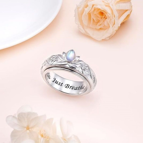 925 Sterling Silver Butterfly Lotus Moonstone Spinning Ring for Anxiety Stress Relief Fidget Ring Birthday Gift for Women