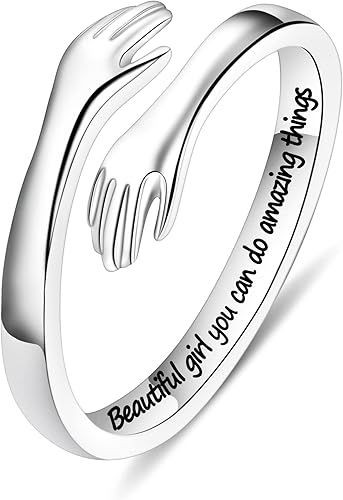 S925 Sterling Silver Hug Ring for Women Teen Girls, Adjustable Ring Jewelry Mothers Day Birthday Gifts for Daughters Mom Sister Wife Friends Grandma