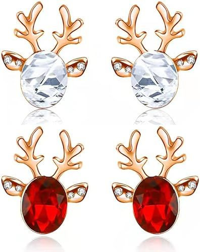 2 Pairs Christmas Stud Earrings Crystal Deer Stud Earrings Xmas Rhinestone Reindeer Earrings Antler Stud Big Crystal Gemstone Earrings for Women(Gold-White &Gold-Red)