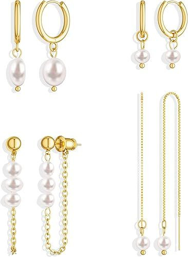 Gold Earrings for Women No Tarnish - Trendy 14K Gold Plated Pearl Hoop Studs Chain Earrings Stacks for Women Wedding Jewelry Gift
