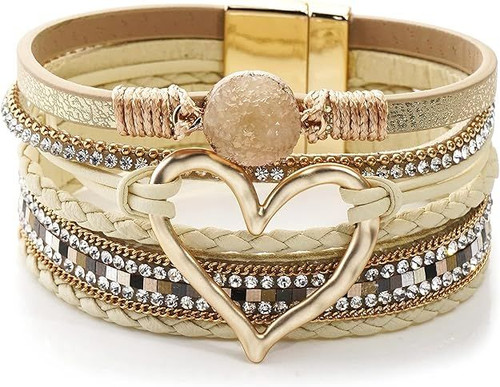 Multilayer Leather Wrap Bracelet Heart-Shape Wide Cuff Bracelets for Women