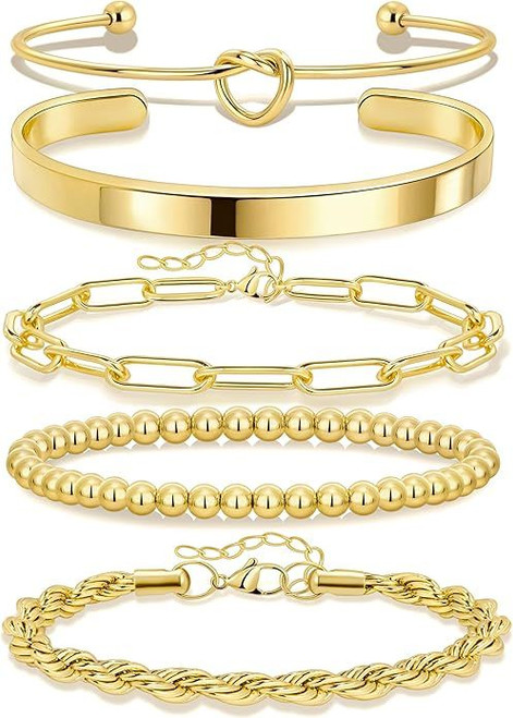 Gold Bracelets for Women Non Tarnish, 14K Gold Plated Chunky Cuff Bracelet Gold Bangles Bracelet for Women Trendy Tie Knot Cuban Rope Paperclip Beaded Bracelet Stack Jewelry Gifts